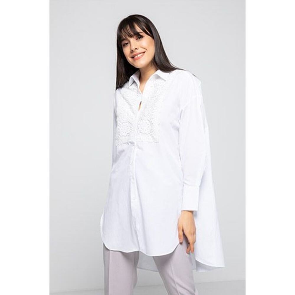 Zara Long Sleeve Lace Trim Button-Up Hi-Low Tunic Shirt Women's Size L White